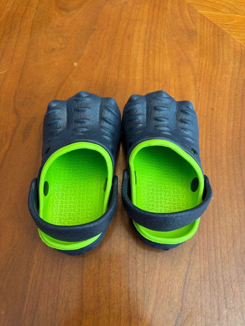 Kids Navy Blue and Neon Green Dinosaur Toes Clog Shoes - Picture 2 of 5